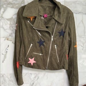 One of a kind nwot Olive Green Star-Patterned Women's Jacket upcycled brand